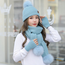 Glove scarf hat set women winter tide Joker pure color cap warm scarf plus velvet knitted ear hair ball