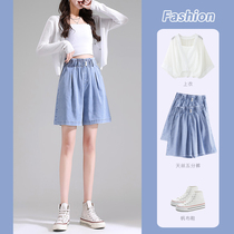 Tencel denim shorts womens summer thin straight ice silk culottes high waist thin loose casual wide leg five-point pants