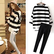 Maternity spring suit 2021 new fashion mother nursing top sweater long-sleeved spring and autumn two-piece set medium-long section