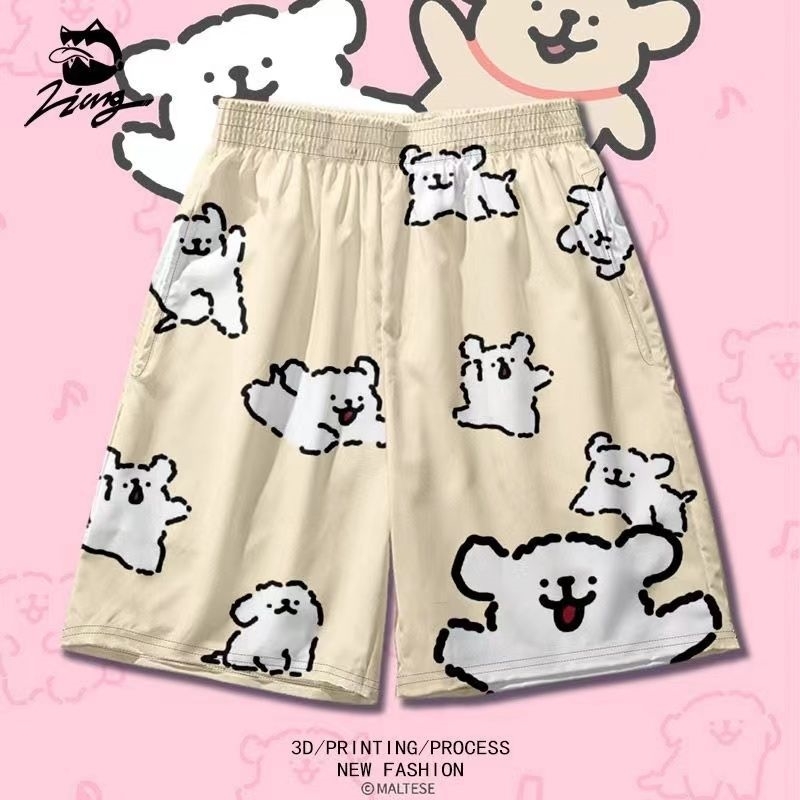 Cute cartoon lines, puppy casual shorts, boys and girls, summer loose five piece pants, wearing beach shorts outside of home