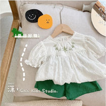 2021 summer new~Girls lace short-sleeved shirt swimsuit thin round neck baby T-shirt childrens shirt