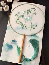 Chinese style ancient style Hanfu long handle Palace fan machine embroidery round fan Palace fan cheongsam show fan embroidery fan group fan embroidery fan group fan embroidery