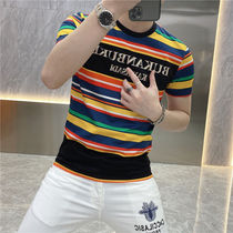 New Rainbow Strip Semi-Sleeved T-shirt Men Leisure and Handsome Men Letters