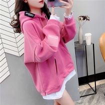 Tide brand fake two pieces of sweater women small man 2021 autumn and winter New Korean loose lazy wind hooded casual top