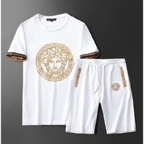  High-end mens 2021 summer new trend brand embroidery trend casual sports suit mens short-sleeved shorts two-piece suit