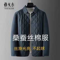 Yagol mulberry silk cotton clothes mens winter cotton padded jacket slim down collar warm cotton clothes middle-aged daddy eggplant jacket
