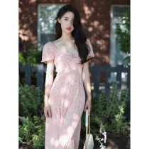 2022 new fact-style first love comeback retro gentle cashew pink square collar crushed floral dress child Xia XiaocrowdDesign