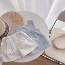 Female Baby Summer Dress 21 New Korean Version Ocean Gas Girl Sleeveless Plaid Suit Harness Blouses Little Girl Shorts