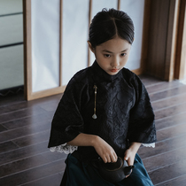 Limited time appreciation original cheongsam children retro daily wear ancient method original big sleeve top black jacquard