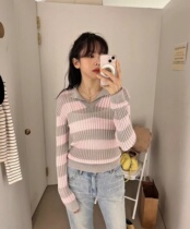 South Korean grove1031105 striped splicing small turning collar knit blouse