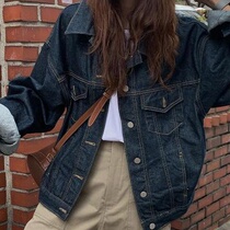 Korea chic autumn vintage Joker lapel open line single-breasted loose casual water wash blue cardigan denim outside