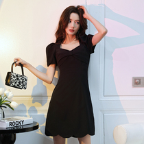 French small dress can usually wear a dress thin banquet temperament Black short V-neck dress everyday summer