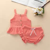 Summer new girl suit cotton linen candy color baby clothes female treasure suspender shorts two-piece set