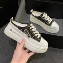Thick bottom Baotou Half slipper outside wearing 2022 Spring new inner heightening womens shoes fashion pine pastry shoes No heel little white shoes