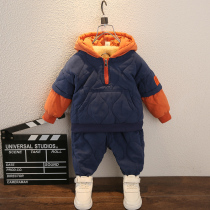 Korean small childrens cotton clothes set childrens winter plus velvet childrens clothing boys comfortable winter clothes cotton clothes baby two sets tide