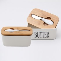 Bamboo lid with ceramic knife butter box Kitchen tidying refrigerator storage sealed jar Rectangular storage crisper box
