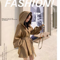 Khaki windbreaker women short 2021 Autumn New Korean version of loose temperament hooded cloak waist small man coat
