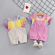 New summer Women baby 2 sets 1-5 years old cute rainbow T strap pants with wings female children Foreign style suit
