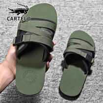 Crocodile trampled sandals mens summer outside wearing waterproof and non-slip cloth noodles with thick bottom green beach sandals Male