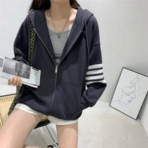 Yin Yici postpartum hot mom bar splicing color zipper hoodie female splicing large version cotton waffle cotton coat