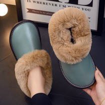 Leather cotton slippers womens bag with autumn and winter indoor home bag heel belt heel leather surface waterproof thick bottom non-slip