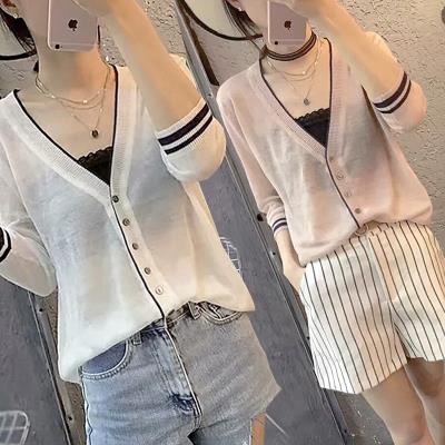 European station summer New loose thin seven-piece sleeve knitted sunscreen shirt Womens Ice Silk V-neck breathable cardigan jacket