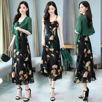 Single two-piece floral chiffon sling dress show thin long dress 2021 New shawl summer dress children