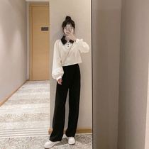 Spring and autumn 2021 New set female students Korean polo sweater jacket Women wide leg pants fashion two-piece tide