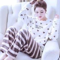 Flannel pajamas female winter cute students warm pajamas set autumn and winter velvet padded coral velvet home wear