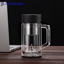 High-grade 999 sterling silver double glass glass with handle gift Business Mens Tea Cup insulated water cup office