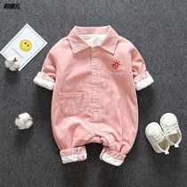 Newborn coat spring and autumn double-layer outfits baby plus velvet sweater ha clothes autumn clothes baby climbing clothes