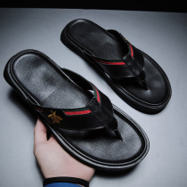 Small bee slippers men outwear summer non-slip deodorant beach leather sandals sandals Toes Genuine Leather Herringbone drag Men