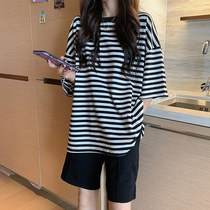 Black & White Striped Pure Cotton Blouse Woman Summer New Loose Navy Undercoat Missing Port Taste Retro Chic Short Sleeve T-shirt
