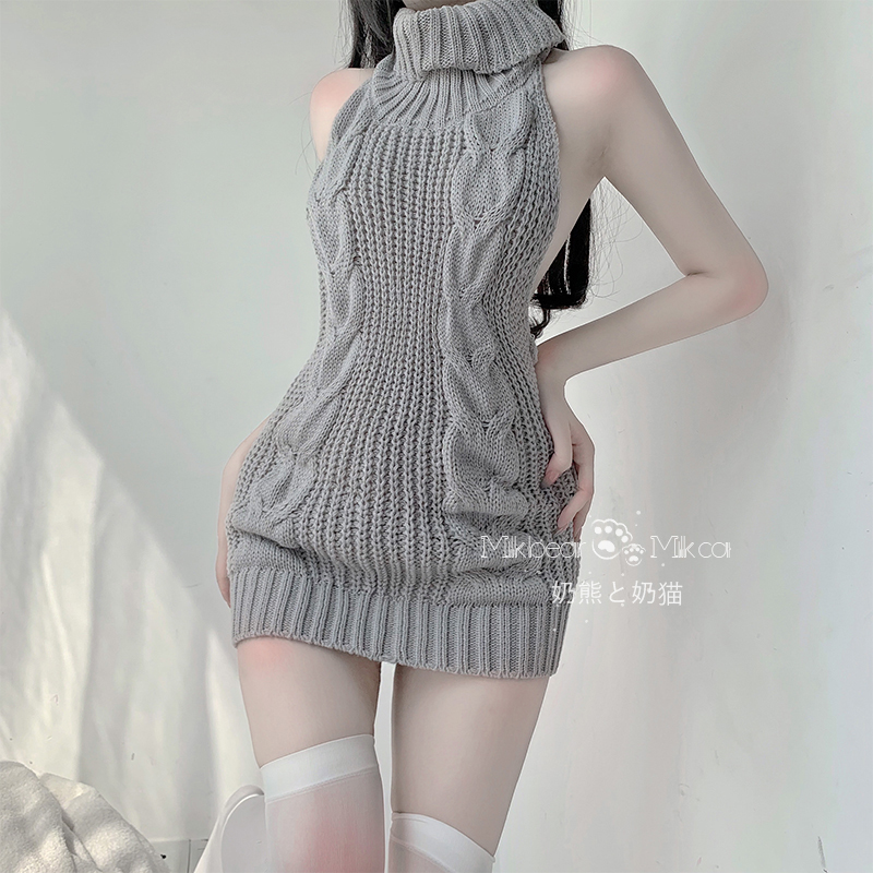 ミルクベアとミルクキャット：日本のセクシーなタートルネック背中の開いたセーター、二次元のタイトフィットのロングニットヒップカバーショートスカート（女性用）