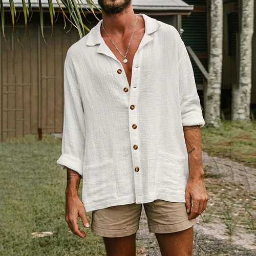 Лето 2023, повседневные мужские хлопковые льняные костюмы, рубашка с коротким рукавом