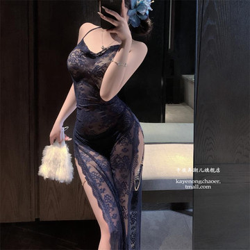 蓝色妖姬*性感透视蕾丝包臀连衣裙诱惑高级感开衩睡裙女qqny内衣