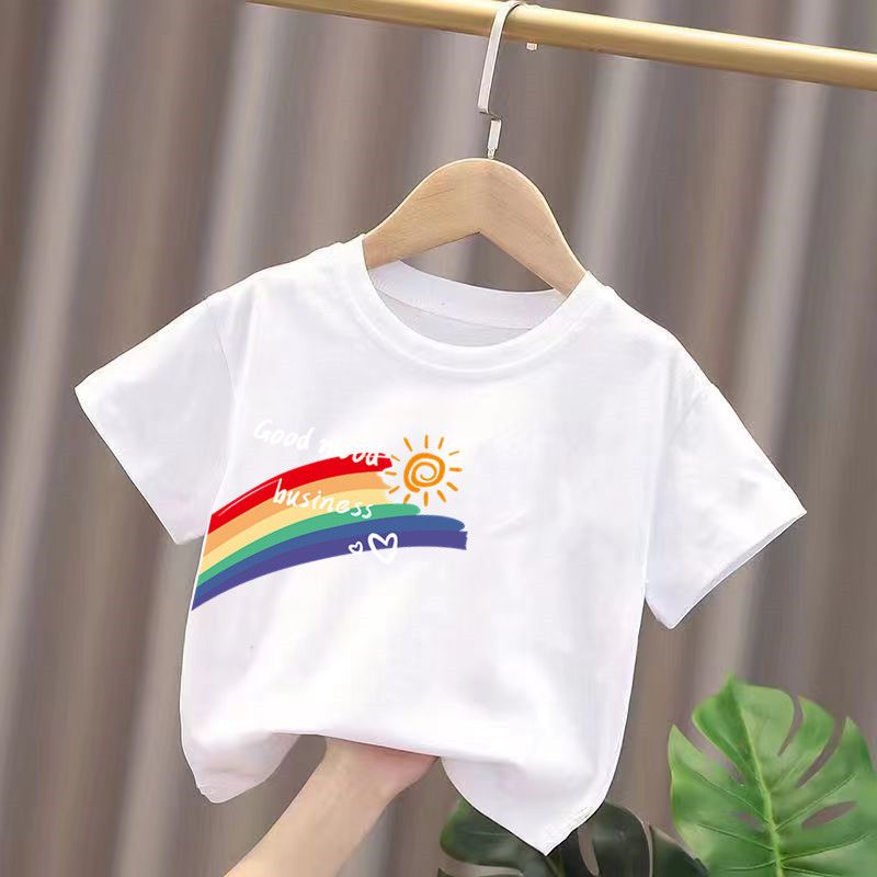 Barabba ­ Pull 100% pure cotton boys and girls' white short sleeved T-shirt for summer new children's clothing;