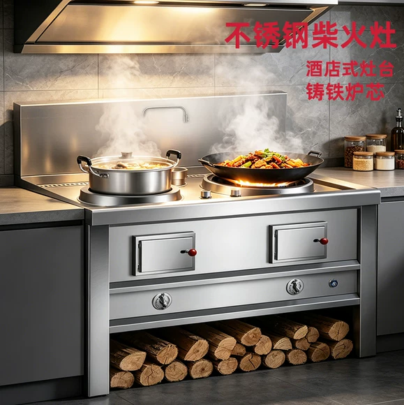 Bếp củi đôi inox màu nguyên bản, dùng nồi sắt lớn trong gia đình