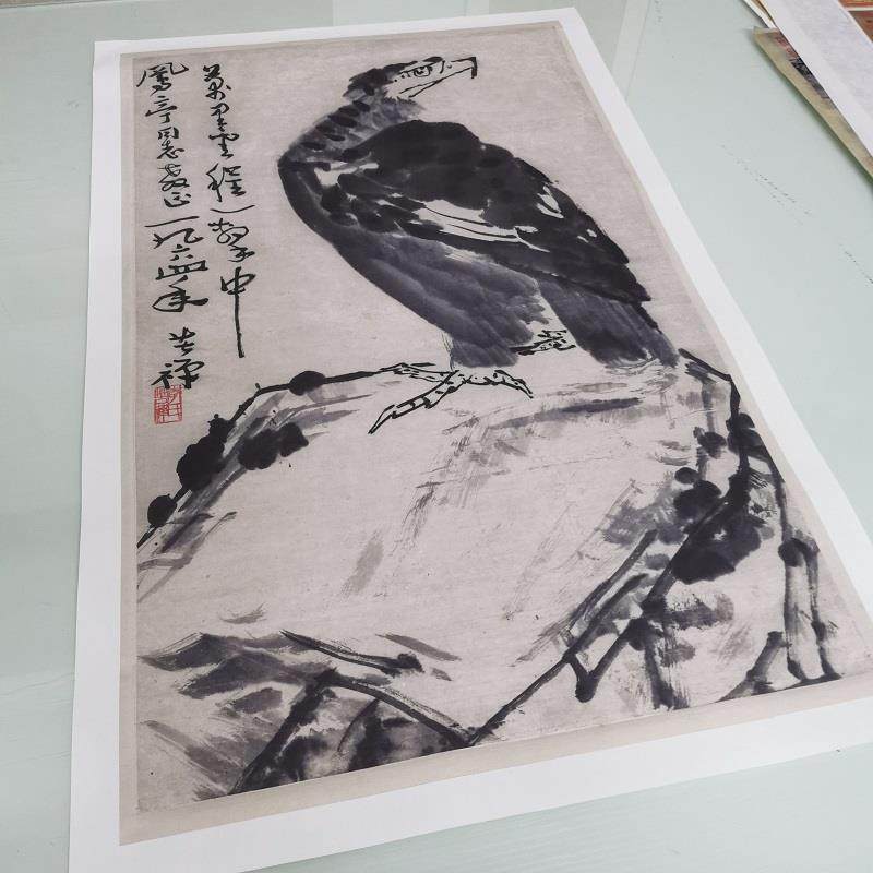 中国古美術・純手描き・四条屏・鹰画芯・国画・李苦禅印款・肉筆・宣紙