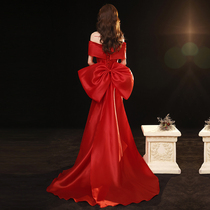 Toast dress bride 2021 new wine red summer high-end fish tail word shoulder high-end temperament evening dress skirt woman