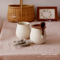 Sugar & salt jars-Japanese coarse pottery texture seasoning powder coffee beans cute big belly storage jar ceramics