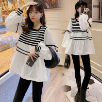 Pregnant woman t-shirt spring fall Fashion long sleeve striped shirt with small subdoll blouse for short autumn and two sets
