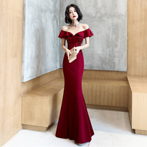 Wedding toast dress 2021 new summer red one-word shoulder fishtail bride high-end banquet temperament evening dress skirt