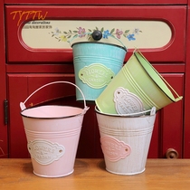 American retro tin flower bucket Small iron bucket Wall hanging flower basin Home balcony wall flower shop decoration idea