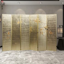 Hand-painted new Chinese lacquer painting screen custom gold and silver foil painting living room porch mobile folding partition solid wood decorative painting