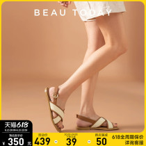 BeauToday (the same style of Li Xiaoran) Roman sandals womens summer flat soft bottom leather womens shoes French sandals