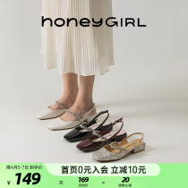 honeyGIRL square head water drill small fragrant wind with coarse heel sandal women Summer Baotou Half TomMuller High heel Shoe