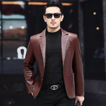 New Haining leather mens slim leather jacket short suit collar suit casual fashion handsome coat tide