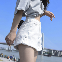 White high waist crimped denim shorts womens 2021 summer new loose thin wide leg a word black hot pants