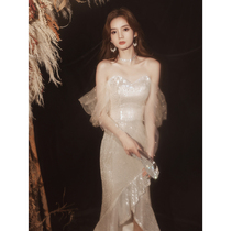 Evening dress female banquet temperament high-end host sexy fishtail sequin dress Summer light luxury niche high-end